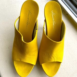 Vintage Kenneth Coles “Sara Belle” Leather Mules in Canary Yellow. Wood outsole